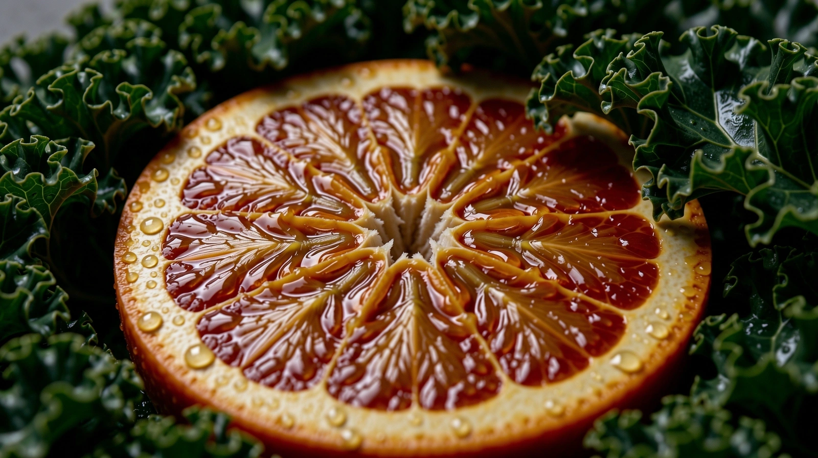 Dettaglio vibrante di agrumi e kale